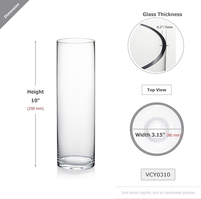 WGVI Quality Thick Weighted Clear Cylinder Glass Vases, 3" W x 10" H, Flower Bud Vase Skinny Narrow Floral Bouquet Container Centerpieces Tabletop Pen Brush Holder, Bulk Wholesale, 6 Pieces