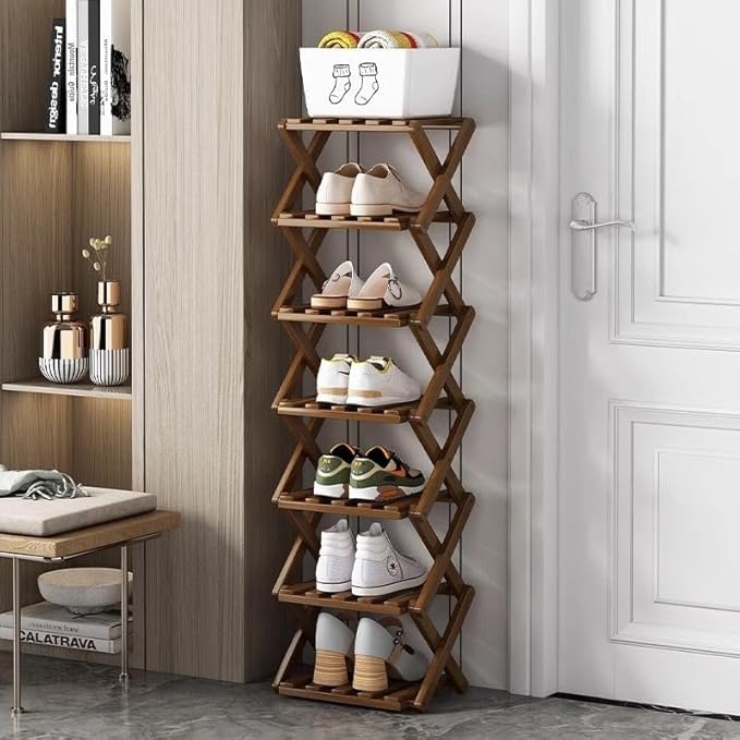 Foldable Shoe Rack, Bamboo Vertical Shoe Organizer Tall for Small Spaces. Multifunctional Narrow Shoe Shelf for Entryway, Closet, Corner, Bedroom, Hallway, Brown Color 7 Layers