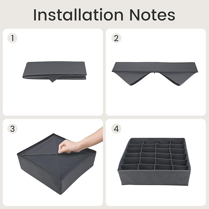Drawer Organizer Clothes Set, 4 Pack Foldable Dresser Closet Dividers (6/8/7/24-Cell), Non-Woven Underwear & Sock Drawer Organizer, Bra/Tie/Belt Storage Bins (Dark Grey)