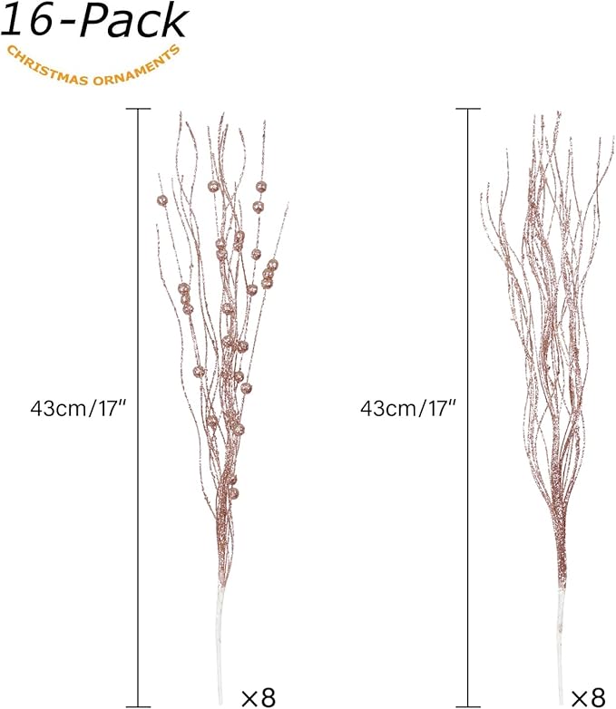 SLK 16-Pack Artificial Glitter Berry Stem Ornaments, Christmas Decorative Glittery Twigs, Picks, Branches for Tree, Wreath, Small Vase, Halloween Party (Rose Gold)