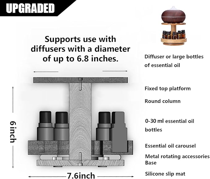 TJ.MOREE Bamboo Diffuser Holder Carousel- 2 Tier Height Increase Rack with Upper Tray for Holding Diffuser, for 5ml, 10ml, 15ml, 20ml Essential Oils Bottles