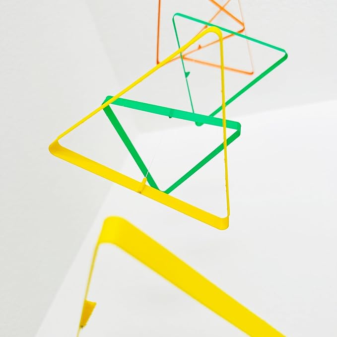 Tri-Tone Harmony Mobile: A Vibrant Orange, Green, and Yellow Hanging Décor with Six Dynamic Triangles