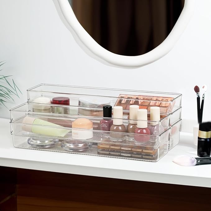 Clear Drawer Organizer Bins Set, Transparent Rectangle Trays, Dresser Bathroom Makeup Vanity Organization and Storage Bins Office Desk Drawer Dividers Organizers (5pc - 12×3×2")