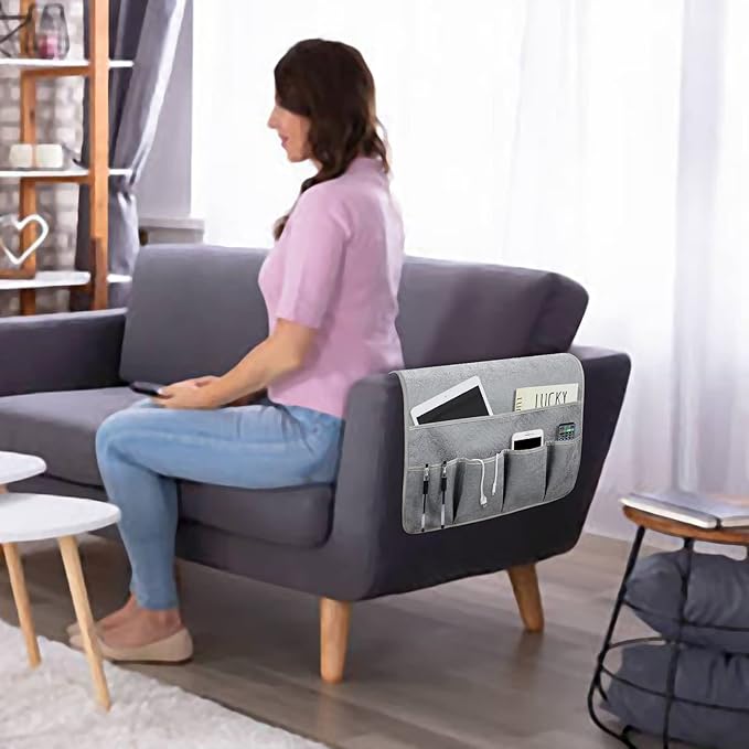 NB Sofa Armrest Organize Remote Holder Bedside Caddy Organizer With 5 Pockets，Non-Slip Couch Remote Control Holder Couch Armchair Caddy Accessories (Gray, 35''X18'')