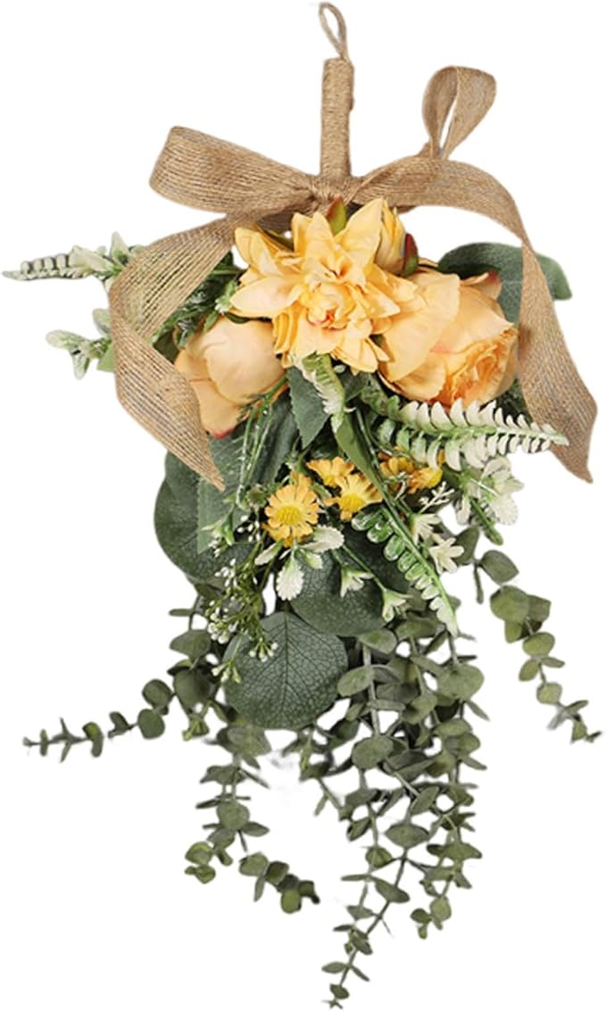 predolo Artificial Floral Teardrop Swag Silk Flower Garland Decorative Ornament Hanging Reusable Front Door Decoration Suitable for Home Decoration Gift, Orange