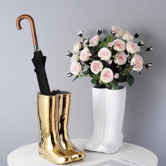 GLigeT Umbrella Stands Creative Boots Shape Umbrella Stand Holder Umbrella Bucket Umbrella Rack Barrel, Porcelain Ceramic Floor Vase Entryway Porch Indoor Umbrella Holder(Color:Gold)