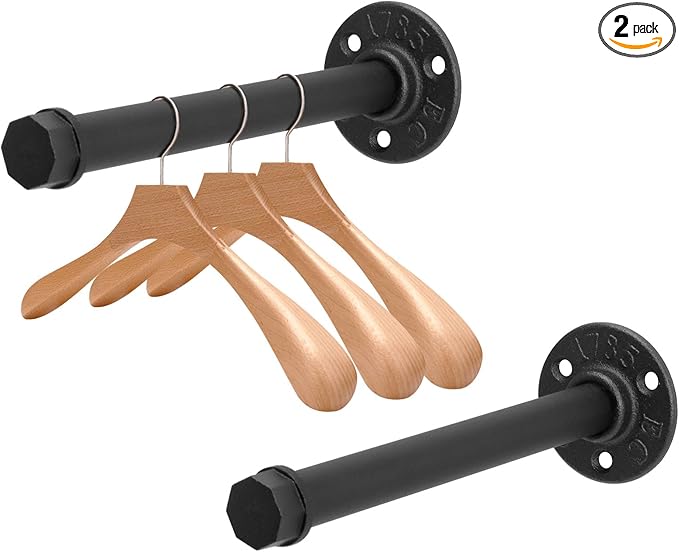 2 Pcs 8 Inch Industrial Pipe Clothes Rack DIY Wall Mounted, Heavy Duty Rustic Vintage Clothing Rod, Metal Garment Bar Multi-Purpose Hanging for Bedroom, Bathroom, Cabinet and Laundry Room