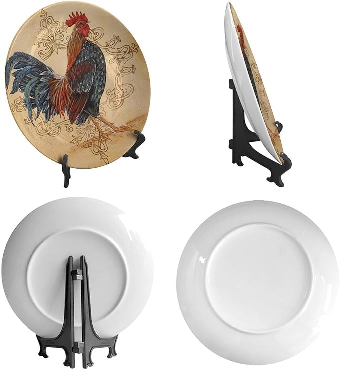 Rooster Decorative Ceramic Plates, 8 Inch, Rooster On A Khaki Background Round Display Plate, Decorative Plates with Stand, for Kitchen Party Coffee Table Decor Art