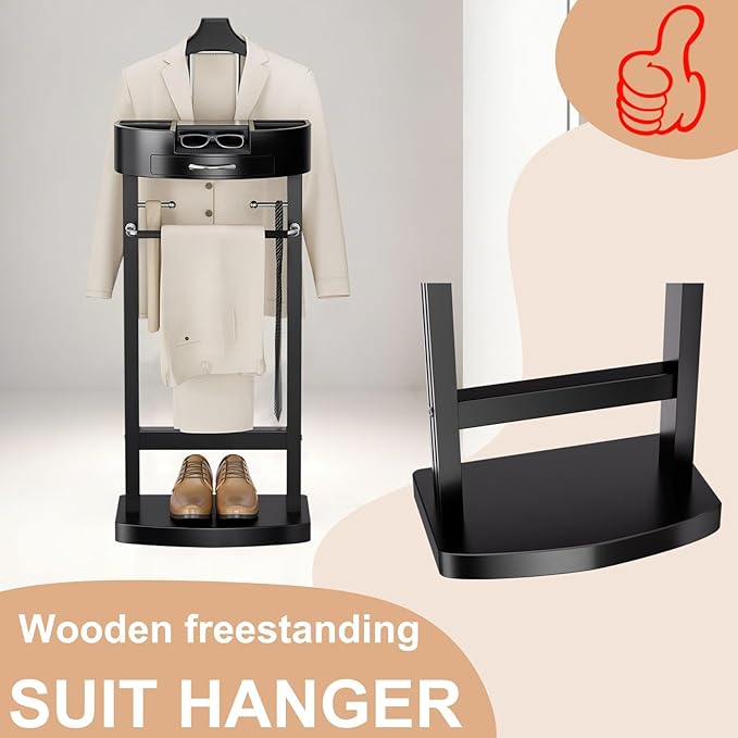 Valet Stand for Men and Women with Tray, Standing Suit Stand with Storage Drawer and Bottom Shoe Rack, Clothes Valet for Living Room, Entryway, Bedroom, Office, Black