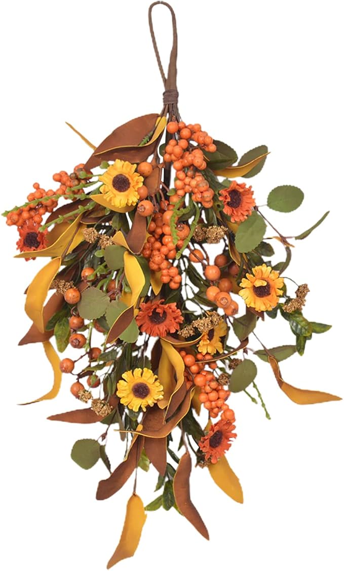 20 Inch Fall Harvest Swag, Artificial Fall Maple Swag Autumn Thanksgiving Day Halloween Decorative Teardrop, Halloween Wall Door Decor Sunflower Berry Fake Wreath (#1)