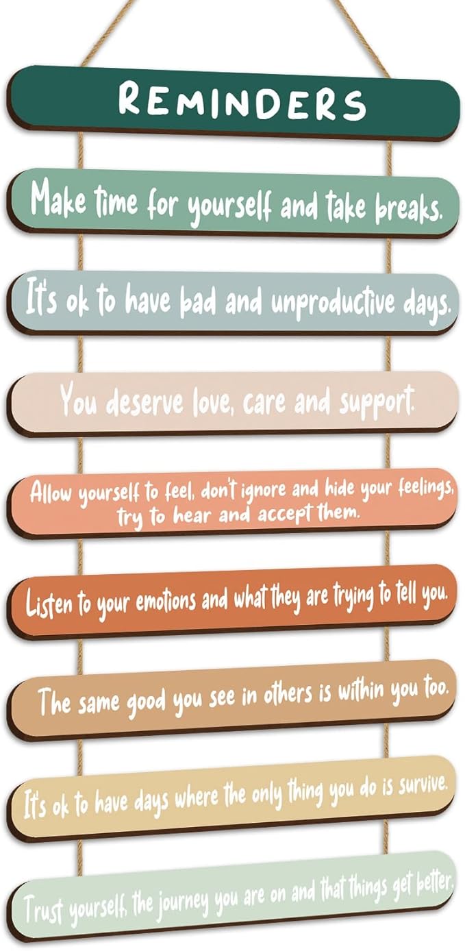 Yookeer Mental Health Reminders Wall Decors Wooden Hanging Art Counseling Room Decor Positive Psychology Affirmations Feelings Pediments for Home Counseling Office(Warm Color,Classic Style)