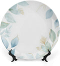 Leaf Theme Decorative Ceramic Plate Round Porcelain Plate,8 inch,Botanical Watercolor Pattern,for Decorative Ornaments Giving Plates,1 Plate with 1 Display Stand,Blue Green