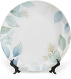 Leaf Theme Decorative Ceramic Plate Round Porcelain Plate,8 inch,Botanical Watercolor Pattern,for Decorative Ornaments Giving Plates,1 Plate with 1 Display Stand,Blue Green