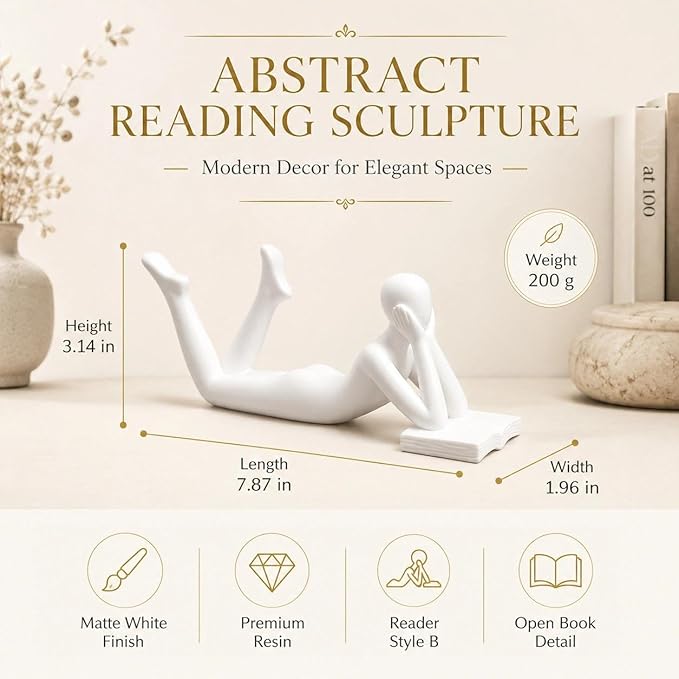 White Reading Statue Style B, Abstract Reader Figurine, Resin Book Decor for Bookshelf, Coffee Table, Desk Shelf Decor, Gift for Book Lovers