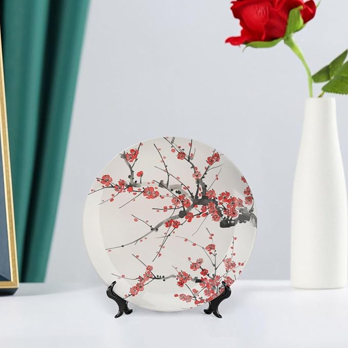 Japanese Spring Theme Decorative Ceramic Plate Round Porcelain Plate,Plum Tree Blossoms Pattern,for Decorative Ornaments Giving Plates, 1 Plate with 1 Display Stand,Red Beige,10 inch