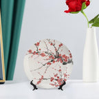 Japanese Spring Theme Decorative Ceramic Plate Round Porcelain Plate,Plum Tree Blossoms Pattern,for Decorative Ornaments Giving Plates, 1 Plate with 1 Display Stand,Red Beige,6 inch