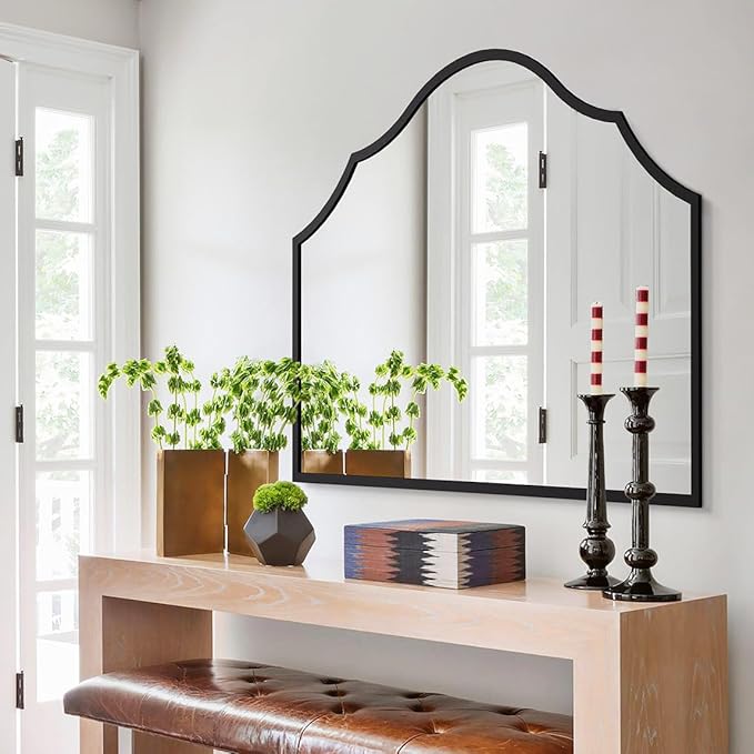 Large Arched Mirror Wall Decor, 32"x48" Wide Black Decorative Wall Mirror with Metal Frame for Entryway, Bathroom, Living Room, Bedroom (Horizontal)