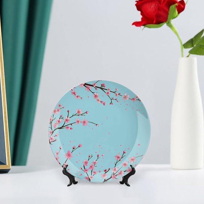 Japanese Spring Theme Decorative Ceramic Plate Round Porcelain Plate,Sakura Tree Branches Pattern,for Decorative Ornaments Giving Plates, 1 Plate with 1 Display Stand,Blue Pink,7 inch
