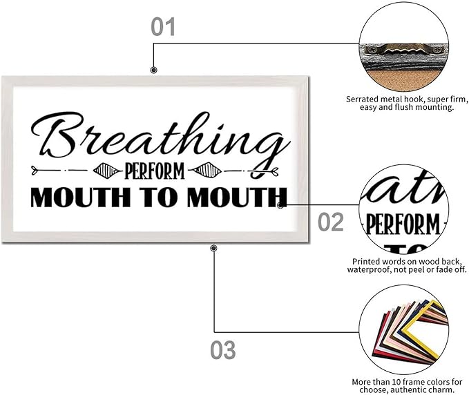 Country Style 12x22in Wooden Wall Plaque with Inspirational Quotes Breathing Perform Mouth to Mouth Family Lettering White Frame Wooden Plaque for Bathroom Farmhouse Porch Cottage Wall Decor