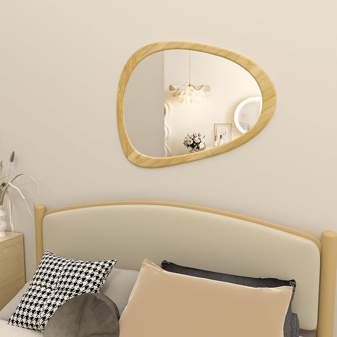 34" x 26" Irregular Wall Mirror, Natural Wooden Framed Asymmetrical Wall Mirror for Living Room Bedroom Bathroom Entryway, Modern Decorative Hanging Hook