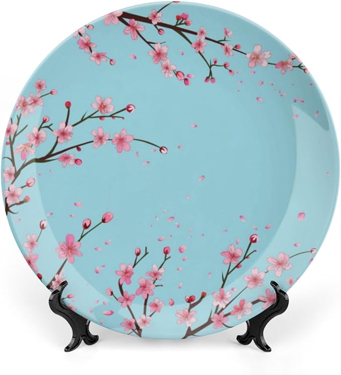 Japanese Spring Theme Decorative Ceramic Plate Round Porcelain Plate,Sakura Tree Branches Pattern,for Decorative Ornaments Giving Plates, 1 Plate with 1 Display Stand,Blue Pink,7 inch