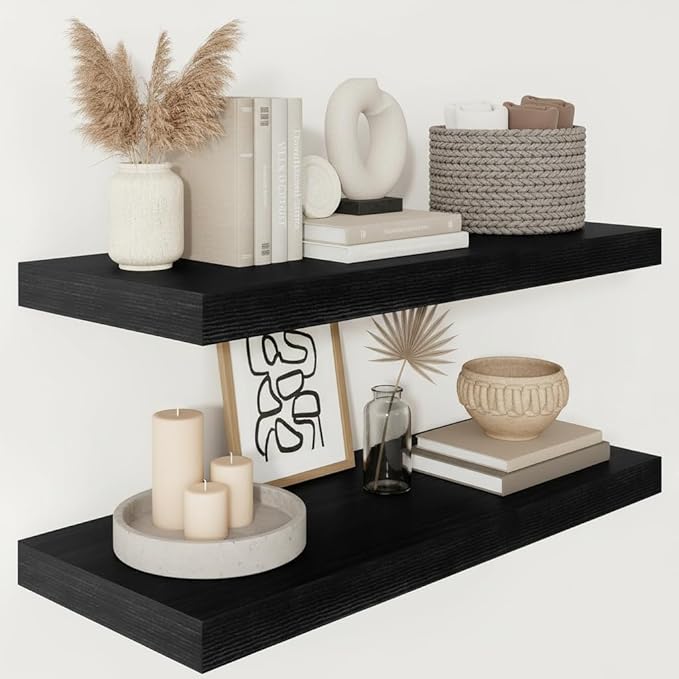 Vivelove 2" Thick Floating Shelves for Wall 30 Inches Long, 12" Deep Wall Shelves, for Bedroom, Bathroom, Living Room, Kitchen, Office, Modern Home Decor, 30" X 12" X 2", Set of 2, Black