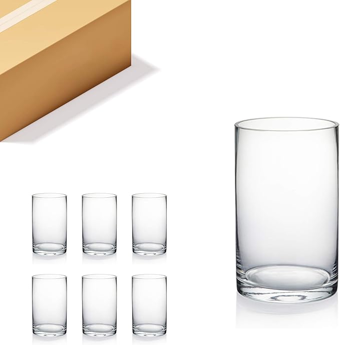 WGVI Quality Thick Clear Cylinder Glass Vase, 3" W x 5" H, Floral Container, Glass Candle Holder, Flower Vases, Wedding Centerpiece, Planter Terrarium, Table Top Home Décor Accent, 6 Pieces