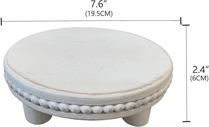 dwellington Farmhouse Beaded Wood Pedestal Tray Decor, 7.6” Round Vintage Display Stand, Decorative Accent Display Riser for Kitchen, Bathroom Small Items (White)
