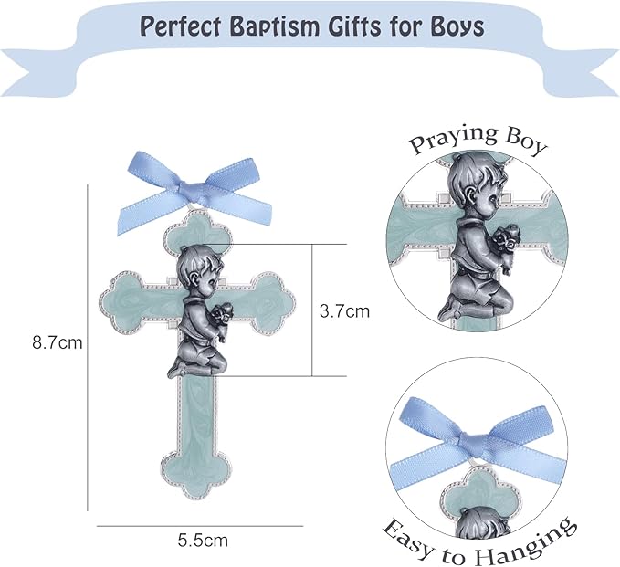 KOMI Baby Wall Cross Catholic Baptism Gifts for Boys Praying Boy Cross for Baptism First Holy Communion Christening Cross Decor