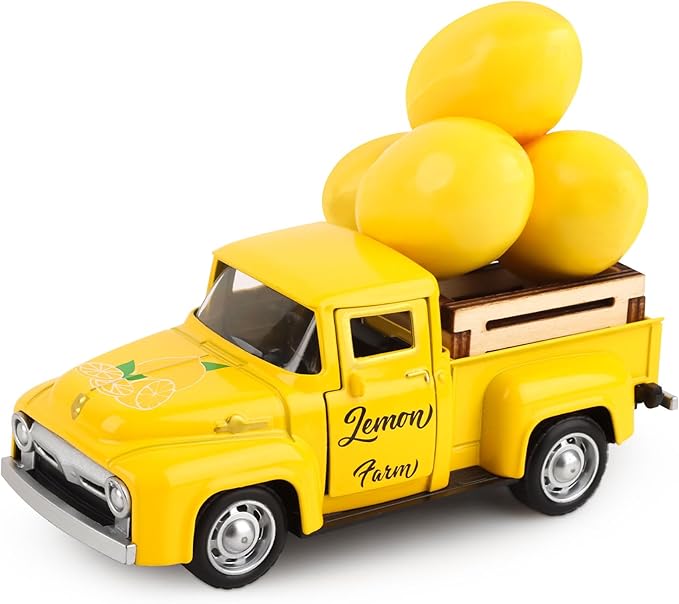 Lemon Metal Truck Lemon Home Kitchen Decorations with 4 Pcs Plastic Lemons Vintage Farmhouse Tabletop Tiered Tray Decor for Summer Home Kitchen Mantel Shelf Bookshelf Mini Truck Decorations