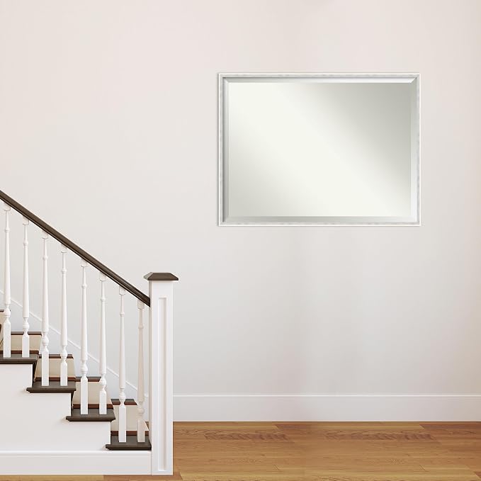Amanti Art White Wall Mirror 31x41 Paige White Silver Rectangle Bathroom Mirror for Wall Decor Living Room, X-Large Modern Wood Frame, Hangs Horizonally and Vertically, Bathroom Decor, Beveled Edge