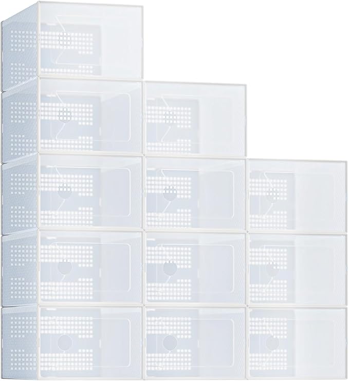 NEWBULIG 12 Pack Clear Shoe Storage Boxes, Shoe Organizer for Closet with Lid, Durable PE Transparent Shoe Containers Ideal for Sneakers, Heels & Boots, White