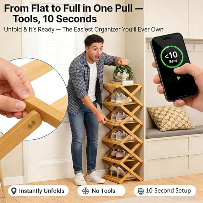 The 9-Tier No-Assembly Bamboo Rack, Foldable Stackable 9 Tier Bamboo Shoe Rack Vertical Storage Sturdy & Stable, Tall Narrow Space-Saving Expandable Shoe Rack for Entryway Closet Dorm (Nature,6 Tiers)