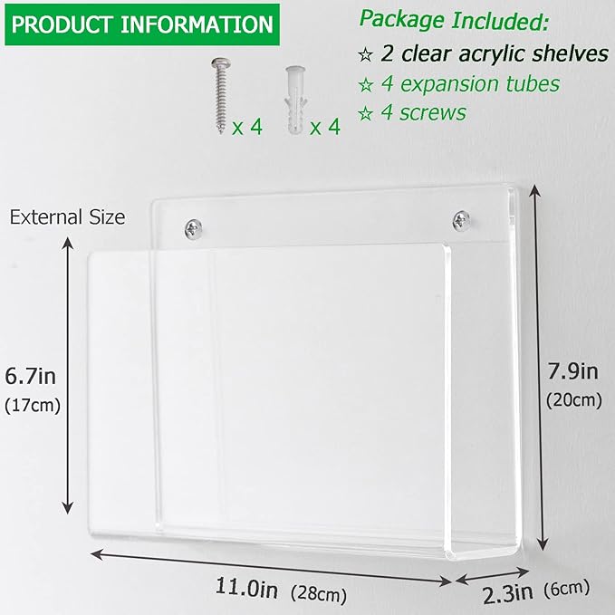 2 Pcs Magazine Holder, Wall Mount Clear Acrylic Magazine Rack, Organizer Folder, Bookshelf, File Storage Rack for Waiting Room, Living Room, Office, Home Display