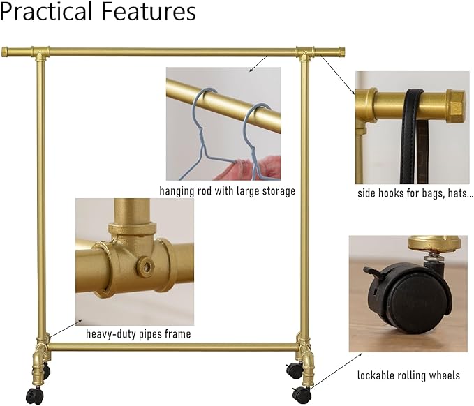 Kids Clothing Racks,Child Dress up Racks with Hooks, Metal Pipes Costumes Garment Hanging Racks,Small Rolling Clothes Racks,Freestanding and Portable Heavy Duty Kids Closet,Gold