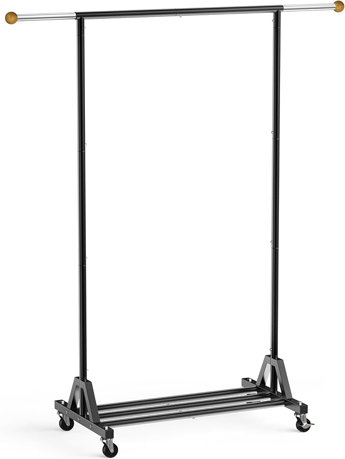 Rolling Garment Rack - Retractable Clothes Rack with Hanging Rods, Lockable Wheels and Bottom Storage Shelf - Sturdy Coat Rack, Freestanding Clothing Organizer for Bedroom, Laundry & Closet