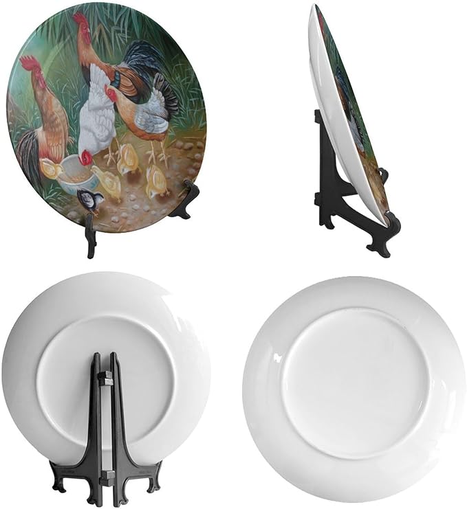 Rooster Decorative Plate Holder, 6 Inch, Rooster Hen Chicks Foraging Round Display Plate, Hanging Decorative Plate with Display Stand, for Kitchen Party Coffee Table Decor Art