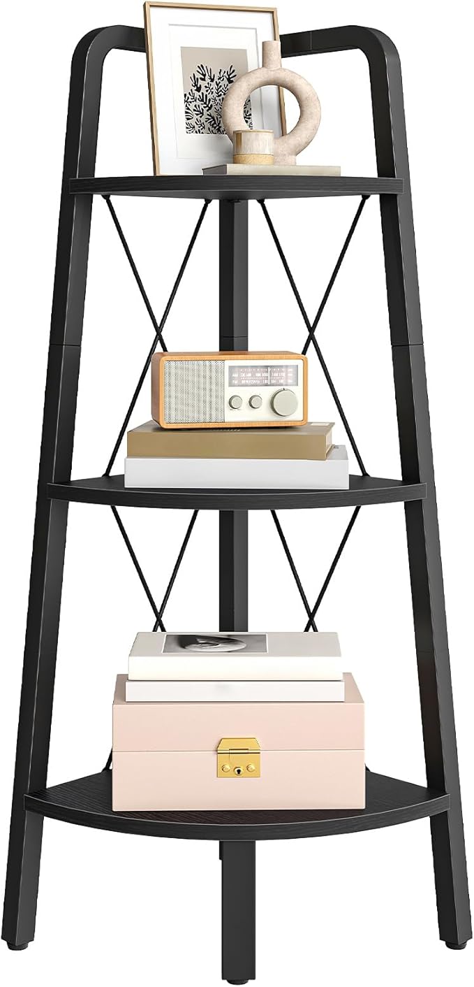 HOOBRO Corner Shelf, 3-Tier Corner Shelf Stand, 40" Tall Ladder Bookshelf, Industrial Corner Display Shelf Plant Stand for Living Room, Kitchen, Home Office, Black BB143CJ01