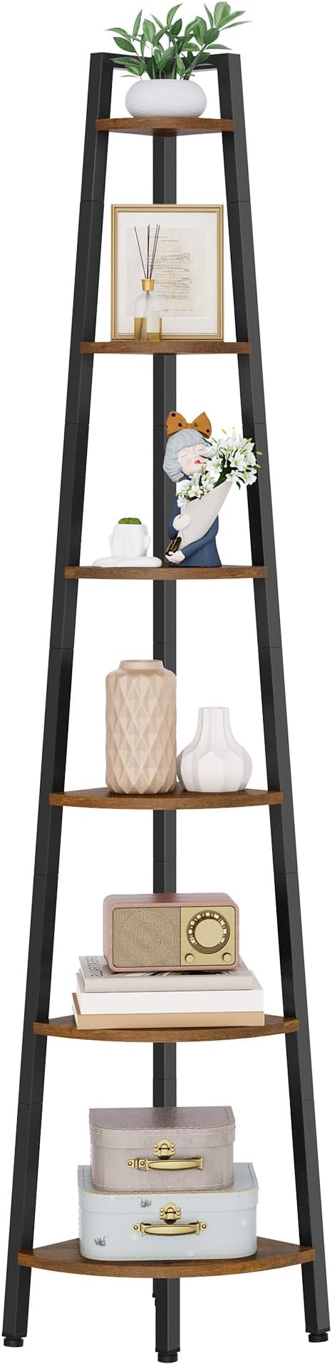 Hoctieon Corner Shelf, 6-Tier Corner Bookshelf, Rustic Ladder Shelf, Industrial Display Stand for Living Room, Kitchen, Home Office, Balcony, Small Space, Metal Frame, Rustic Brown