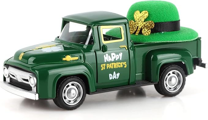 Four Leaf Grasses Metal Truck with Green Hat St Patrick’s Day Decorations Farmhouse Vintage Green Metal Truck Decor, Irish Party Decorations Vintage Collectible Car for Desk Bookshelf