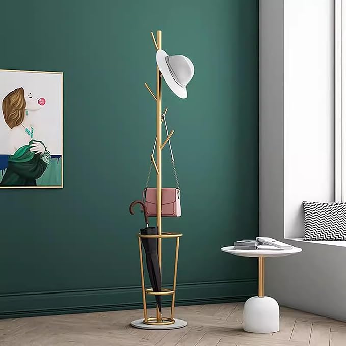 Metal Umbrella Stand with Coat Rack,Modern Umbrella Holder for Entryway,Freestanding Umbrella Rack with Marble Base,Tall Umbrella Storage for Indoor Outdoor Patio(66.9″, Black)
