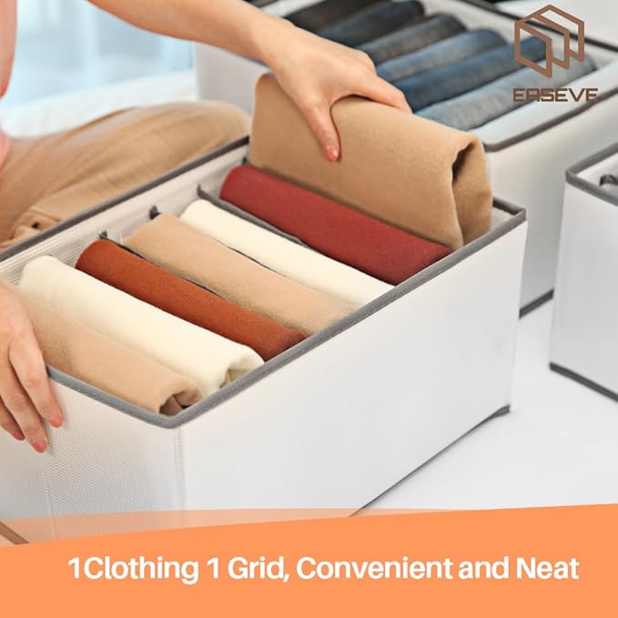 4 Pack Wardrobe Closet Organizer and Storage for Clothes - 7 Grids Foldable Drawer Dividers Organizers for Jeans | Pants | Shirts | Leggings, Stackable Clothing Bins for Closets Organization