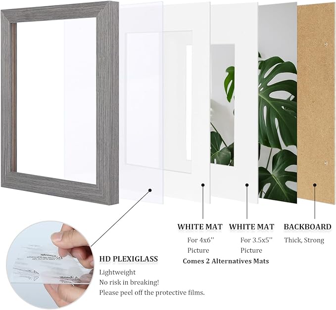 Egofine 5x7 Picture Frames Set of 4, Made of Solid Wood Covered by Plexiglass 3.5x5 and 4x6 with Mat or 5x7 without Mat, for Table Top Display and Wall Mounting Photo Frame Light Grey