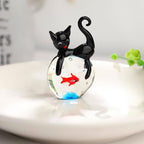QFkris Blown Glass Black Cat Figurine, 1.6“ Mini Glass Animals Sculpture, Cat and Fish Art Collectible Figurines for Home Decor, Gift for Mom Cat-Lover Birthday