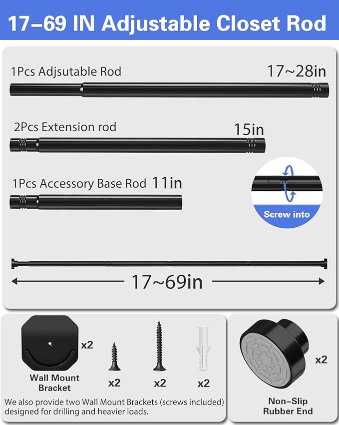 No Drilling Closet Rods for Hanging Clothes, Non Slip Tension Rod with Heavy Duty Clothes Hanging Rod, 17-69 Inches Adjustable Spring Closet Rod for Closet Wardrobe Bathroom Laundry RV, Black