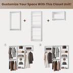 ROOMTEC Modular Closet System, 102" Wall-Mounted Closet Organizer with Hanging Rods, Modern Wooden Tower for Walk-In Closets, Wardrobe Storage Kit, White