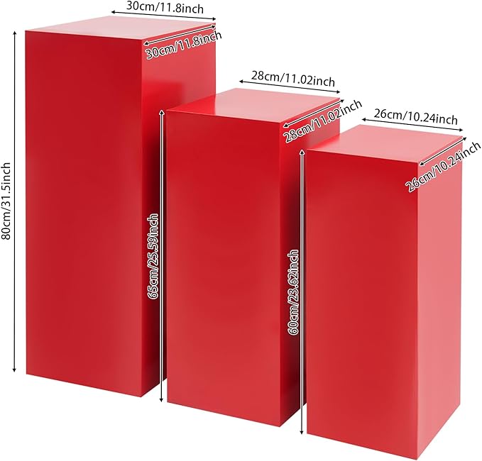 3Pcs Square Display Pedestal Stands Set for Party, Metal Display Stand Plinth Pillars, Cake Stands Pillars for Wedding Birthday Art Decor Risers, 11.8*31.5" (L), 11.02*25.6" (M), 10.24*23.6" (S)