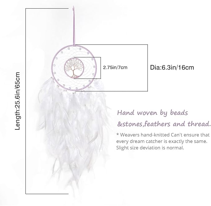 Dreamlike White Tree of Life Dream Catcher Wall Decor with Healing Crystal Stone Handmade Feather Dream Catchers Decoration Wall Hanging for Girls Bedroom Living Room Wedding Party Home Décor