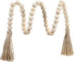Wood Beads Garland with Tassels 33.86" Table Beads Natural Wooden Prayer Bead Rustic Country Boho Wall Hanging Decor for Boho Farmhouse Rustic Style Table Home Festival Decor