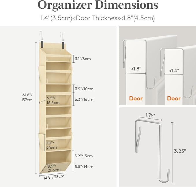 Lifewit 1 Pack Over the Door Organizer, Clear Window Hanging Storage with 4 Side Pockets, Anti Tilt 40 lbs Load Behind Door for Pantry, Nursery, Bathroom, Bedroom, Dorm, 6 Section, Beige
